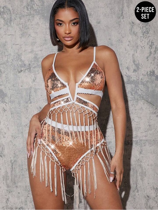 SHEIN Other - Sequin Fringe Two-Piece Bikini Set - Copper/White( Rave Outfits)